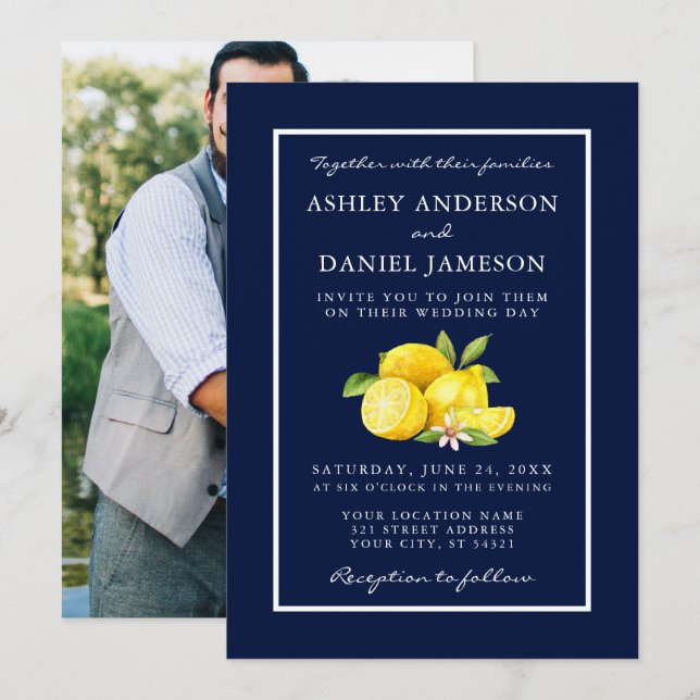 Invitación Watercolor Lemons Greenery Boda Azul Foto (Anverso / Reverso)