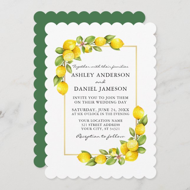 Invitación Watercolor Lemons Greenery Boda Green (Anverso / Reverso)