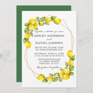 Invitación Watercolor Lemons Greenery Geo Frame Green Boda