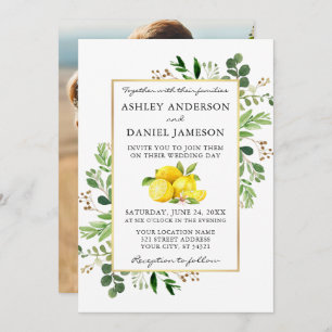 Invitación Watercolor Lemons Greenery Photo Back Boda