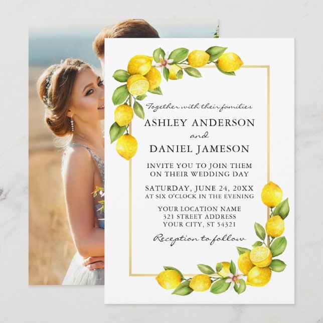 Invitación Watercolor Lemons Greenery Photo Gold Boda (Anverso / Reverso)