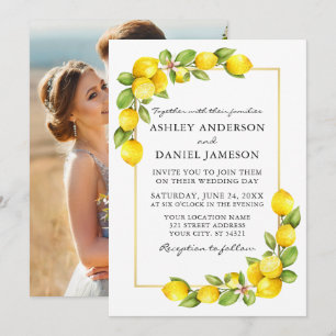 Invitación Watercolor Lemons Greenery Photo Gold Boda