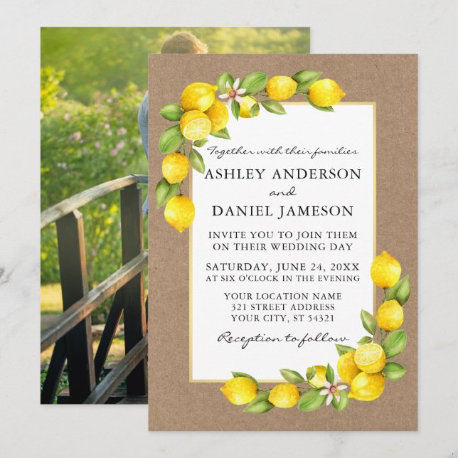 Invitación Watercolor Lemons Greenery Photo Kraft Boda (Anverso / Reverso)