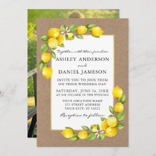 Invitación Watercolor Lemons Greenery Photo Kraft Boda