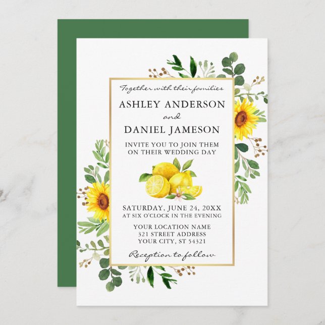 Invitación Watercolor Lemons Greenery Sunflowers Boda (Anverso / Reverso)