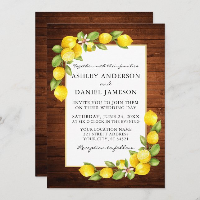 Invitación Watercolor Lemons Greenery Wood Boda (Anverso / Reverso)