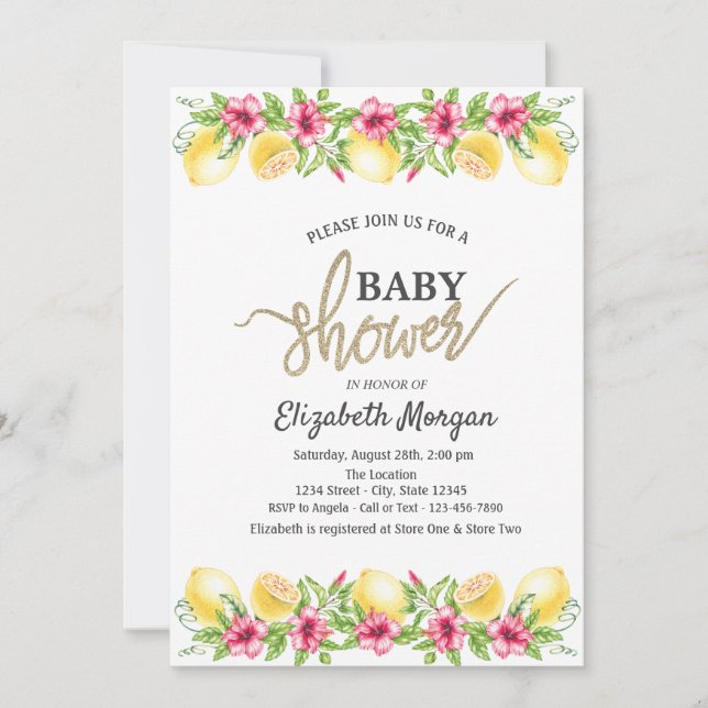 Invitación Watercolor Lemons Hibiscus Botanical Baby Shower (Anverso)