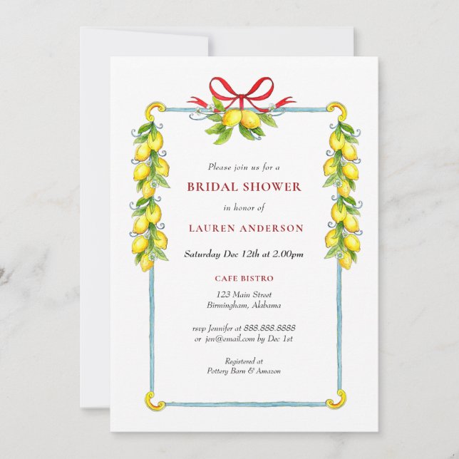 Invitación Watercolor Lemons Holiday Ducha de novias (Anverso)