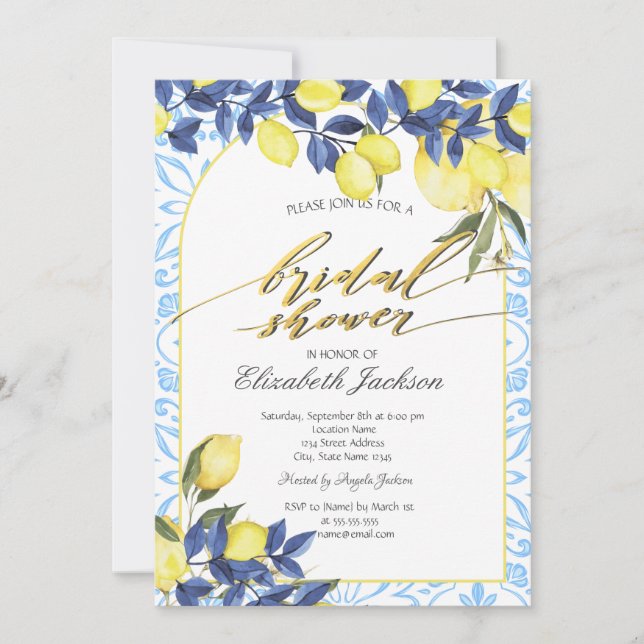 Invitación Watercolor Lemons Italiano Blue Tiles Bridal Showe (Anverso)