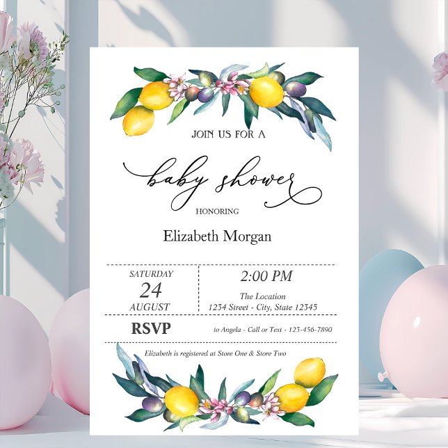 Invitación Watercolor Lemons Olives Baby Shower (Subido por el creador)
