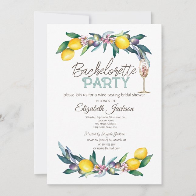 Invitación Watercolor Lemons Olives Glass Bachelorette (Anverso)
