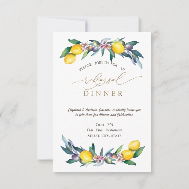 Invitación Watercolor Lemons Olives Test Cena (Anverso)