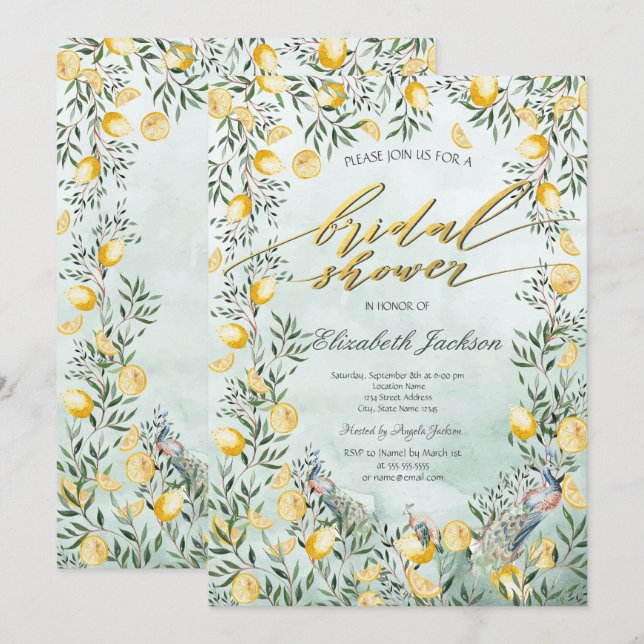 Invitación Watercolor Lemons Peacocks Green Bridal Shower (Anverso / Reverso)