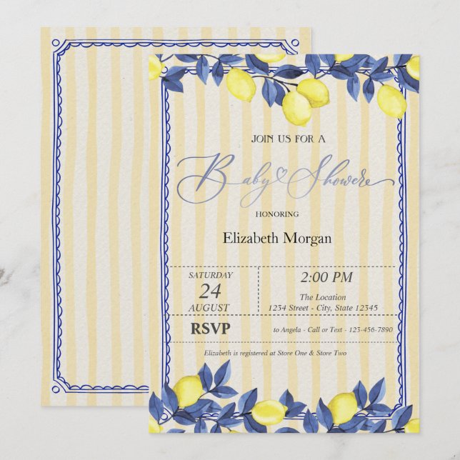 Invitación Watercolor Lemons Rayas Amarillas Baby Shower (Anverso / Reverso)