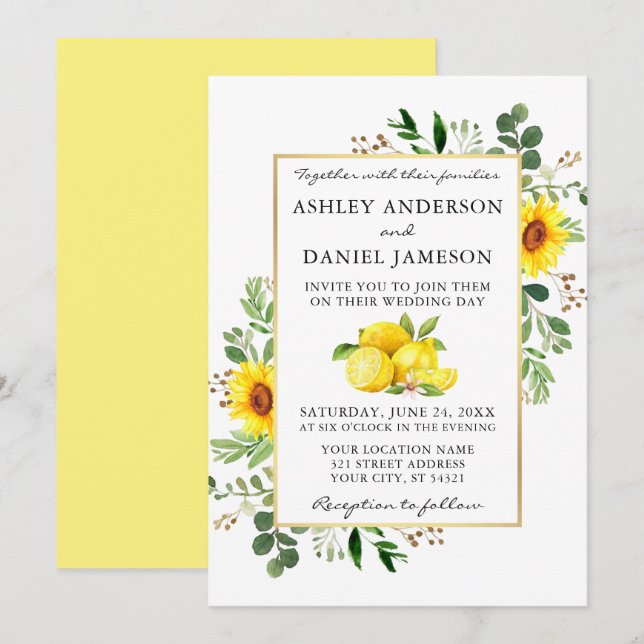 Invitación Watercolor Lemons Sunflowers Greenery Boda (Anverso / Reverso)
