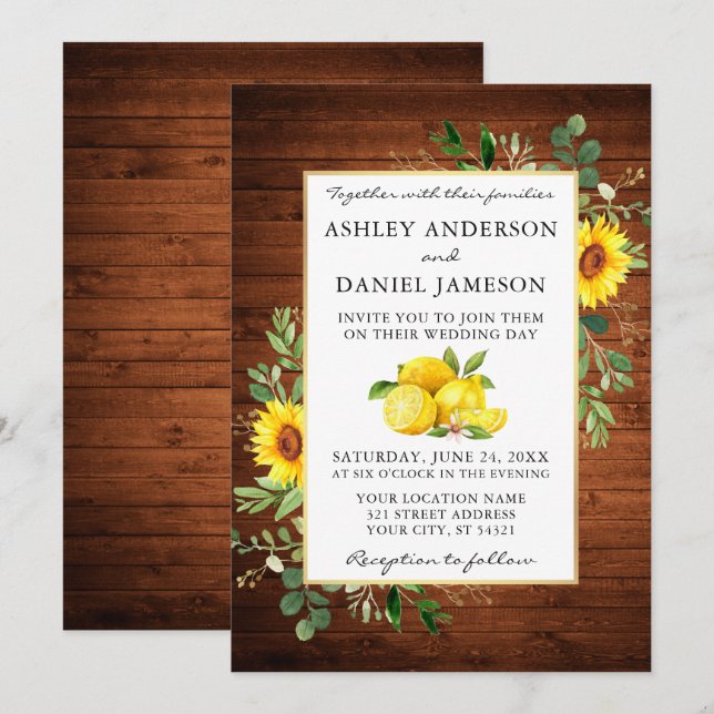 Invitación Watercolor Lemons Wood Sunflowers Boda (Anverso / Reverso)