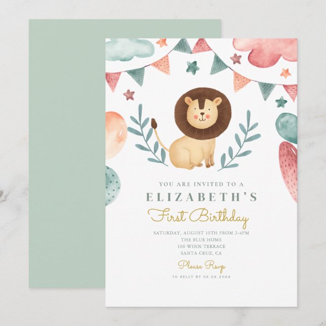 Invitación Watercolor León Cute Baloons 1º cumpleaños (Anverso / Reverso)