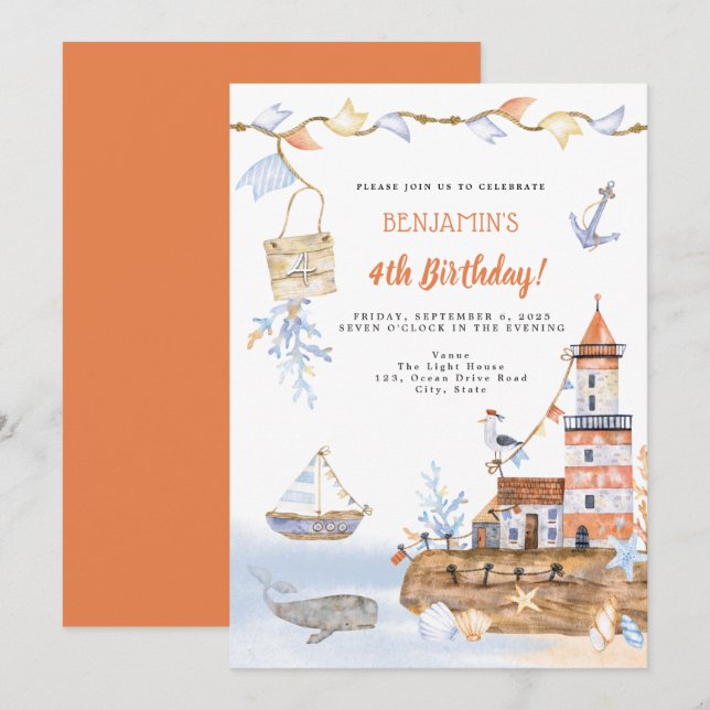 Invitación Watercolor Light House Nautical 4º cumpleaños (Anverso / Reverso)