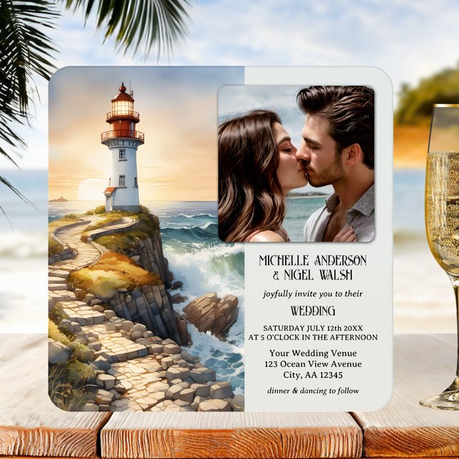 Invitación Watercolor Lighthouse Beach Wedding (Coastal wedding invitation featuring your photo on a watercolor painting of a lighthouse at sunset)
