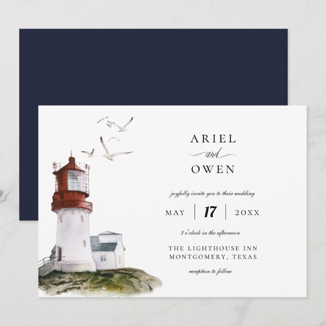 Invitación Watercolor Lighthouse Boda de temas náuticos (Anverso / Reverso)
