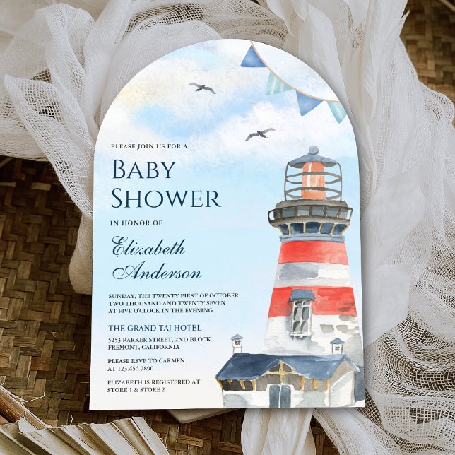 Invitación Watercolor Lighthouse Nautical Arch Baby Shower (Subido por el creador)