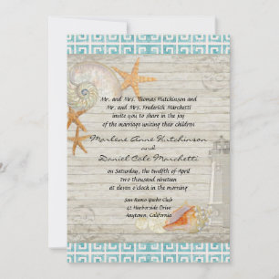 Invitación Watercolor Lighthouse Shells Beach Cottage Boda