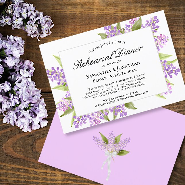 Invitación Watercolor Lilac Bouquet Boda Ensayo Cena (Front and Back)