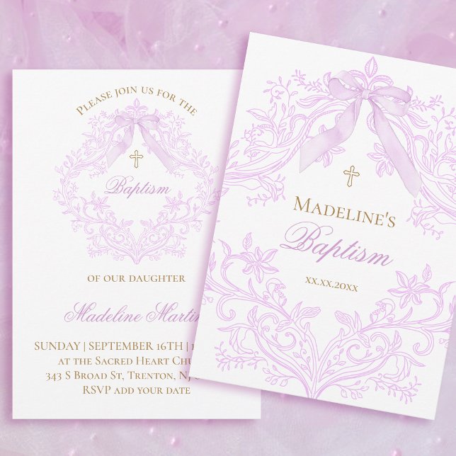 Invitación  watercolor lilac bow Baptism (Subido por el creador)