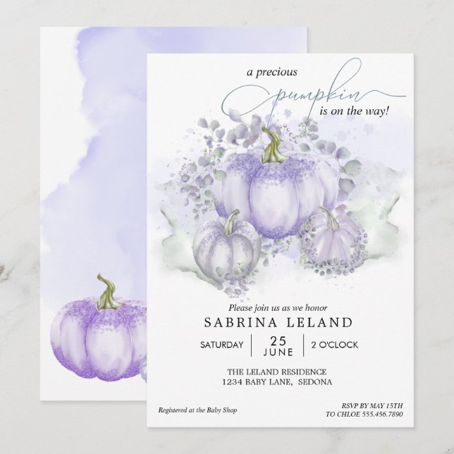 Invitación Watercolor Lilac Pequeña Calabaza Baby Shower (Anverso / Reverso)