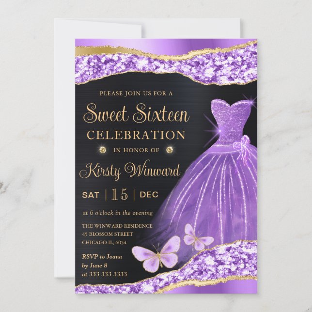 Invitación Watercolor Lilac Purpurina Dorado Vestido Dulce Di (Anverso)