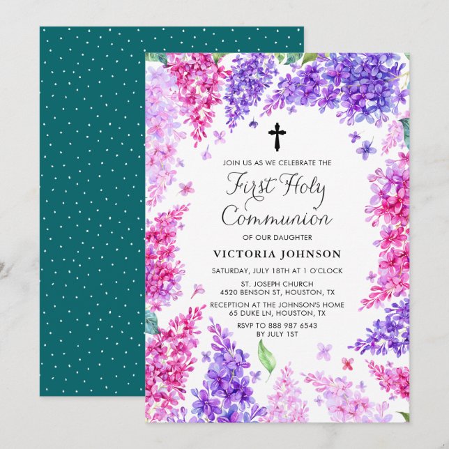 Invitación Watercolor Lilac Wreath Primera Comunión Santa (Anverso / Reverso)