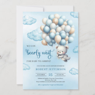 Invitación Watercolor lindo bebé oso de peluche con globos