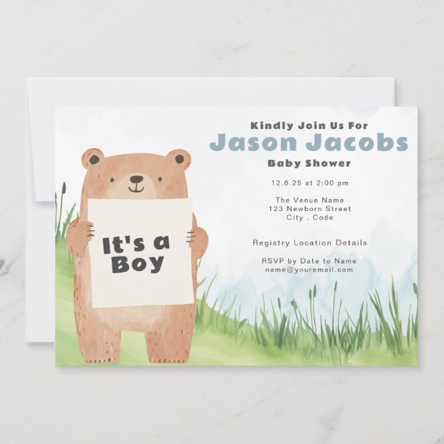 Invitación Watercolor lindo Oso Es un niño Baby Shower (Anverso)