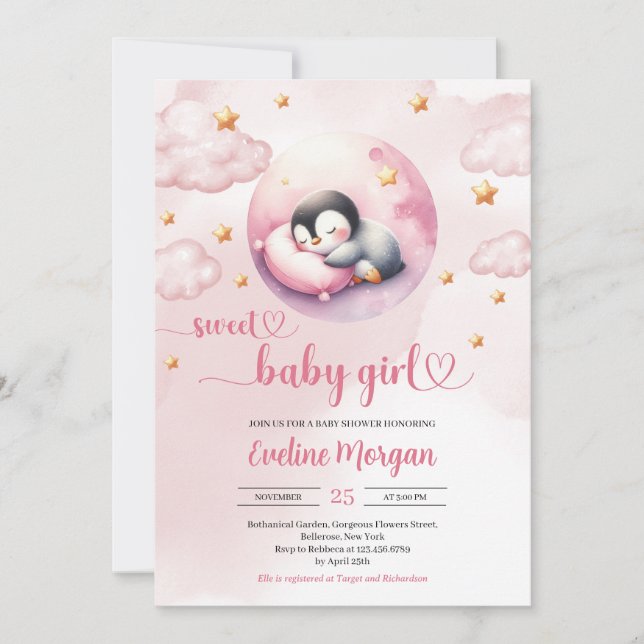 Invitación Watercolor lindo pingüino chica ducha bebé (Anverso)