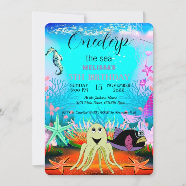 Invitación Watercolor lindo Sea Animals Fiesta de cumpleaños (Anverso)