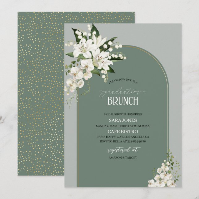 Invitación Watercolor Lirio blanco y graduado de fondo verde (Anverso / Reverso)