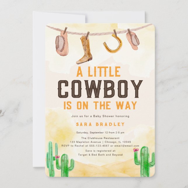 Invitación Watercolor Little Cowboy Western Baby Shower (Anverso)