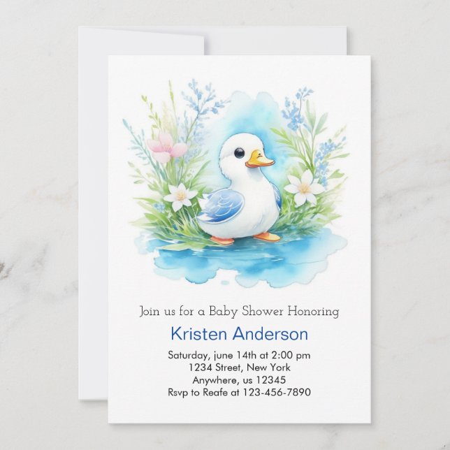Invitación Watercolor Little Duck Boy Baby Shower (Anverso)