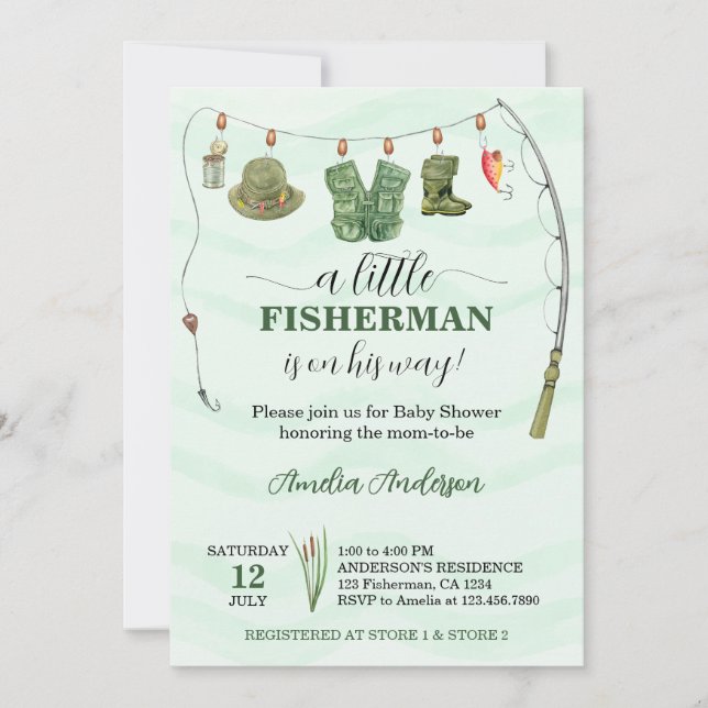 Invitación Watercolor Little Fishman Fishing Baby Shower (Anverso)