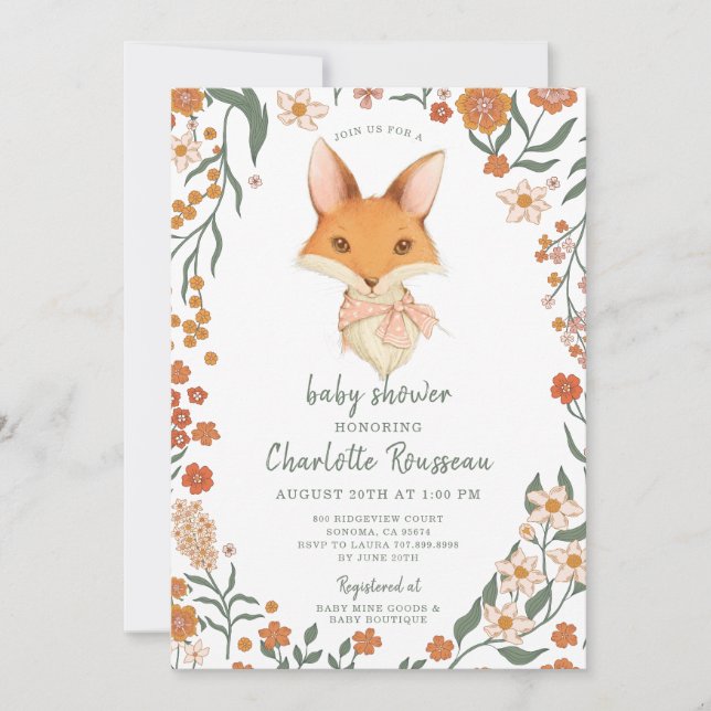 Invitación Watercolor Little Fox Chica Baby Shower (Anverso)