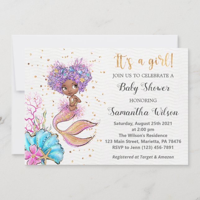 Invitación Watercolor Little Mermaid Baby Shower (Anverso)