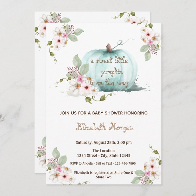 Invitación Watercolor Little Pampkin, Autumn Baby Shower (Anverso / Reverso)