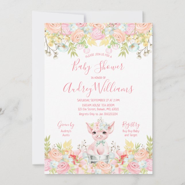 Invitación Watercolor Little Piggy Baby Shower (Anverso)