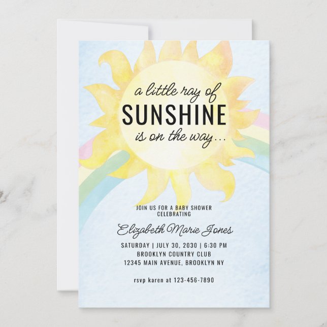 Invitación Watercolor Little Ray of Sunshine Sky Baby Shower (Anverso)
