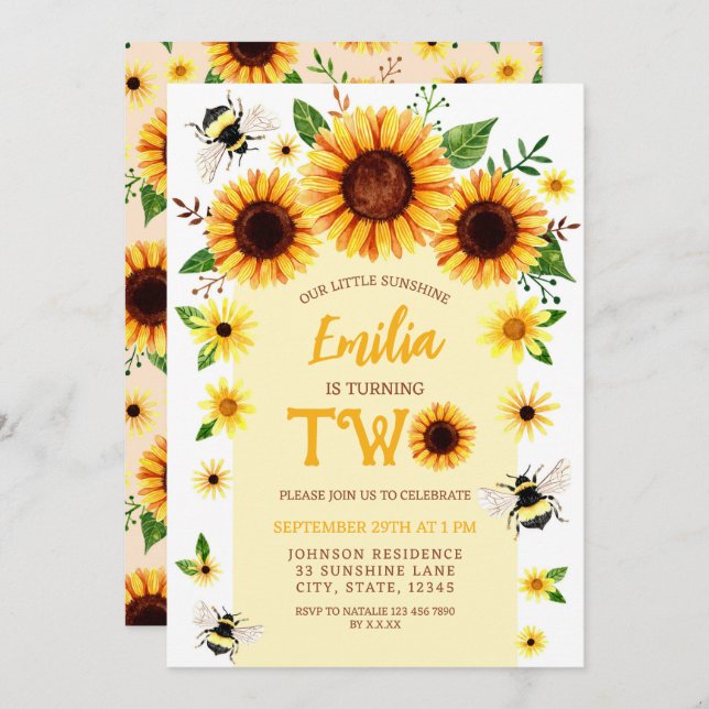 Invitación Watercolor Little Sunflower Chica 2º cumpleaños (Anverso / Reverso)