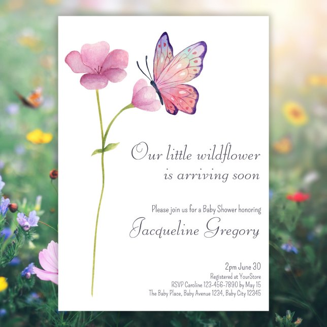 Invitación Watercolor Little Wildflower Butfly Baby Shower (Subido por el creador)