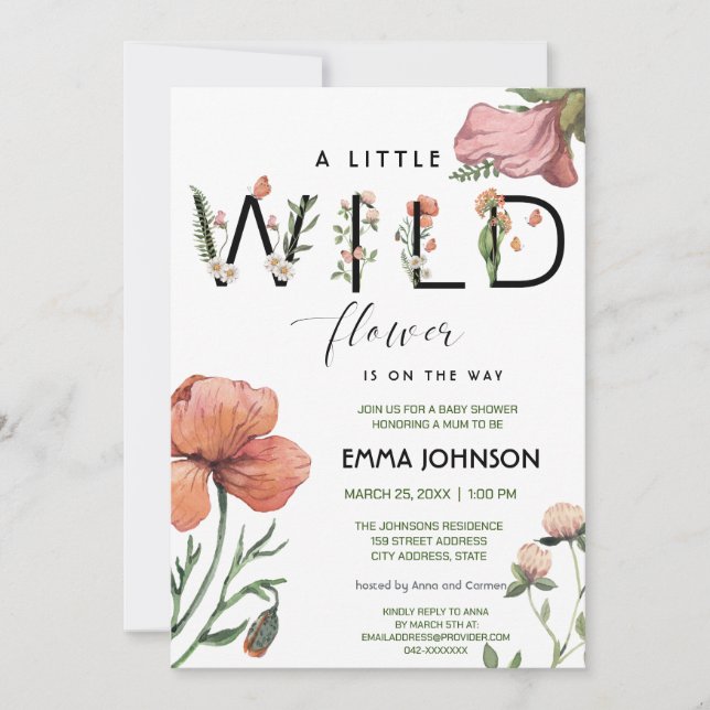 Invitación Watercolor Little Wildflower Popaca Baby Shower (Anverso)