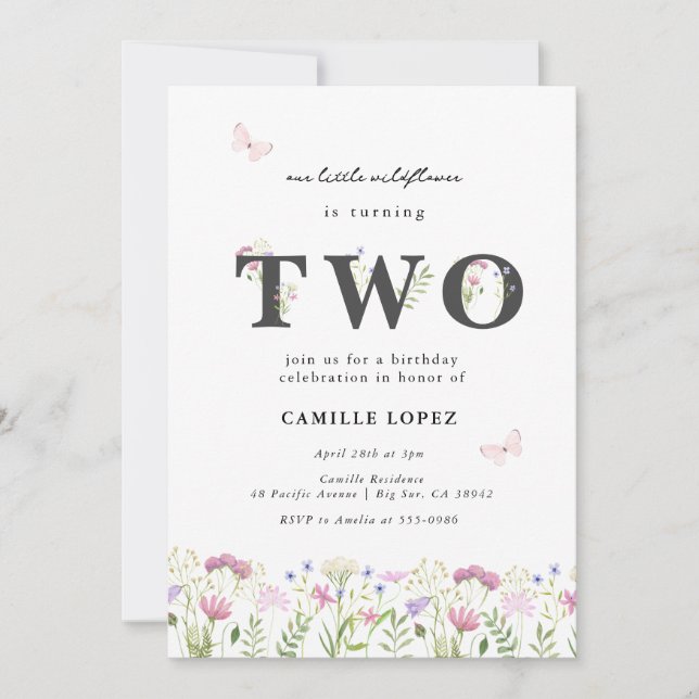 Invitación Watercolor Little Wildflower Segundo cumpleaños (Anverso)