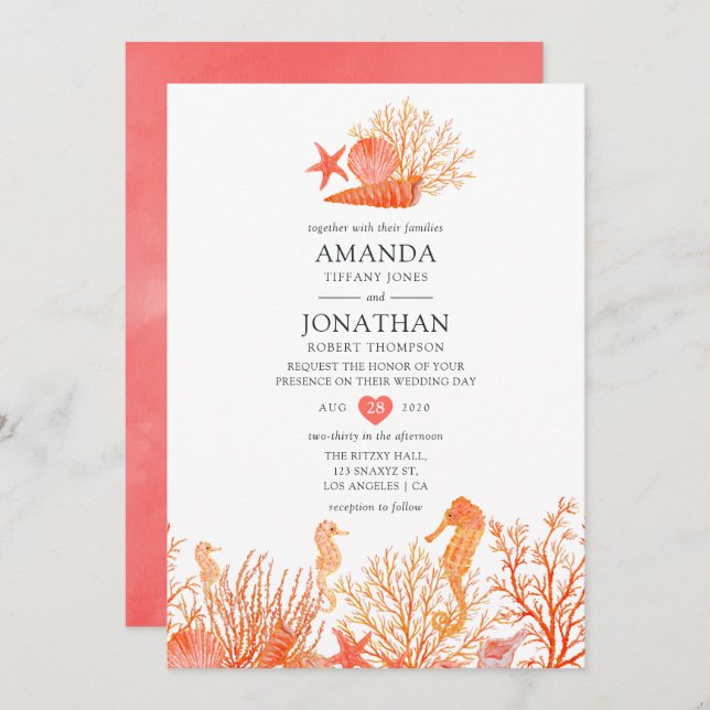 Invitación Watercolor Living Coral Beach Wedding (Anverso / Reverso)
