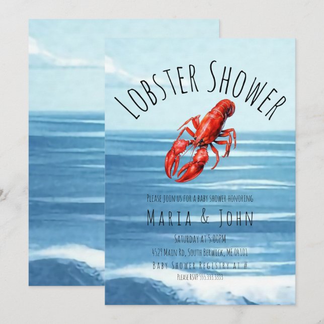 Invitación Watercolor Lobster Beach Blue Fiesta Baby Shower (Anverso / Reverso)